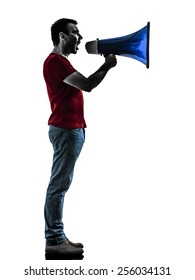 One Man With Megaphone Silhouette Isolated In White Background