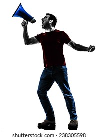 One Man Protestor Angry Protesting With Megaphone Silhouette Isolated In White Background