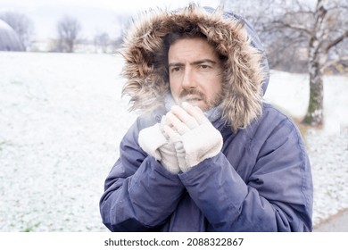 One Man Sensitive To Cold Freezing Outdoor In The Snow