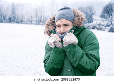 One Man Sensitive To Cold Freezing Outdoor In The Snow