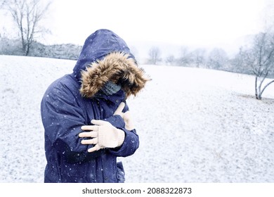 One Man Sensitive To Cold Freezing Outdoor In The Snow