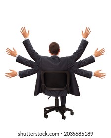 One Man With Six Arms Sitting Back To The Camera. Isolated On White  Background. Business Man Sitting On A Chair With His Back, Arms Spread Wide. Well Dressed Businessman.rear View.