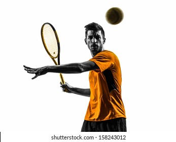 One Man Tennis Player Portrait  In Silhouette On White Background