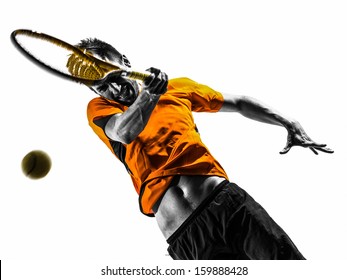 One Man Tennis Player Portrait  In Silhouette On White Background