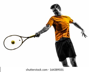 one man tennis player portrait in silhouette on white background