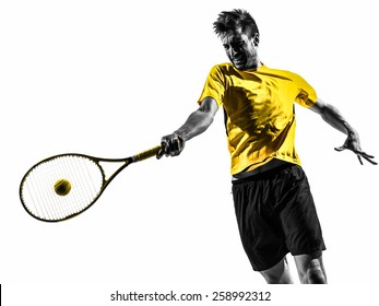 One Man Tennis Player Portrait In Silhouette On White Background