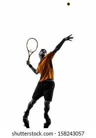 one  man tennis player at service serving silhouette in silhouette on white background
