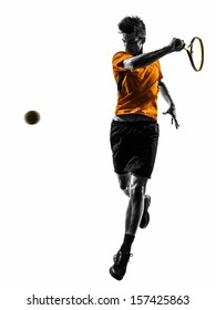 one  man tennis player in silhouette on white background