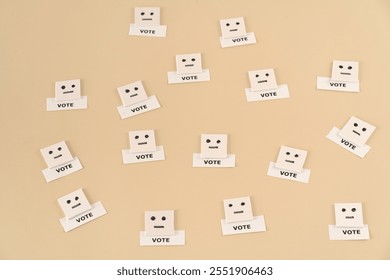 One man one vote concept; Expressionless face emoji with text “vote” to represent the voter on beige background