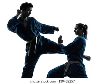 one  man woman couple exercising karate vietvodao martial arts in silhouette studio isolated on white background - Powered by Shutterstock