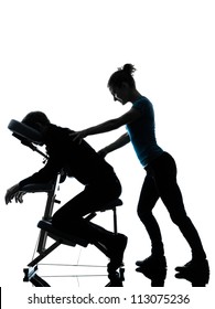 One Man And Woman Perfoming Chair Back Massage In Silhouette Studio On White Background