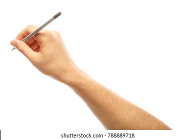 One Man's Hand With The Pencil Isolated On White Background. Alpha