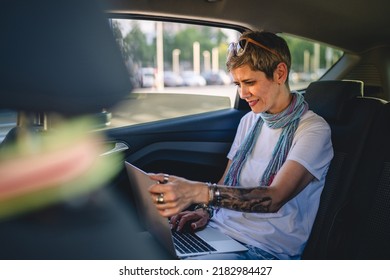 One Mature Woman Caucasian Female Sitting On The Back Seat Of The Car Working On Laptop Computer In Summer Day With Short Gray Hair Modern Manager Or Business Owner On Road Wearing Casual Copy Space