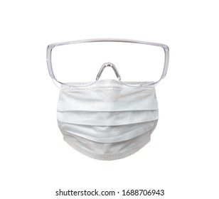 one medical face mask with safety glasses (protecting spectacles) on white background, isolated, concept epidemic coronavirus