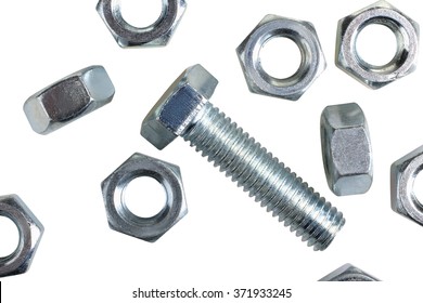 One Of Metal Screw And Nuts Isolated On White Background