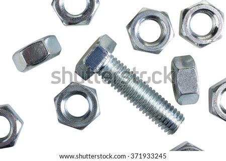 One of metal screw and nuts isolated on white background