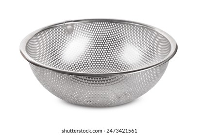 One metal sieve on white background. Kitchen utensil