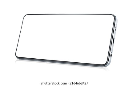 one modern smartphone in a horizontal position on a white isolated background - Shutterstock ID 2164662427