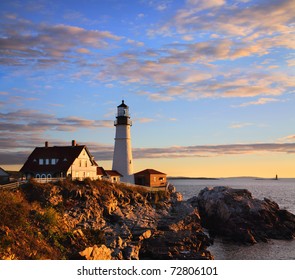 One Of The Most Iconic And Beautiful Lighthouses, The Portland Head Light At Sunrise, Portland, Maine, USA