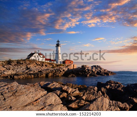 One Of The Most Iconic And Beautiful Lighthouses, The Portland Head Light Under Early Morning Skies, Portland, Maine, USA