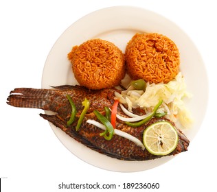 One Of Most Popular Food In Ghana, Jollof Rice, Serve With Fish