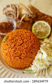 One Of Most Popular Food In Ghana, Jollof Rice, Serve With Fish