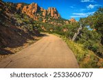 One of the most sceneic mountain road near Cannes, Pic du Cap Roux. Stunning red rocks view at sunset in the Esterel massif, near Saint-Raphael, Frejus, France, Europe