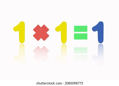 One multiply one equals one (1x1=1) Image of simple math addition operation for kids math operation to enhance brain skills. (Plus, minus, multiply, divide) Isolated on white background.
