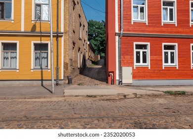 One of the narrowest streets in Riga. Latvia. The street is located in the old neighbourhood of the city, which was built in the 19th century.