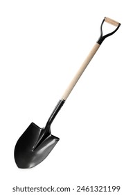 One new shovel with wooden handle isolated on white. Gardening tool