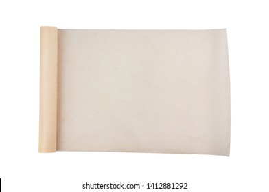 One New Unfolded Roll Of Clean Baking Paper Brown Color Isolated On White Background. Top View