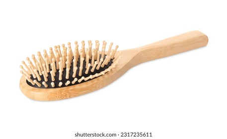 One new wooden hairbrush isolated on white