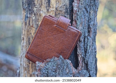 one old closed brown leather wallet hanging on a bark pine tree in nature  - Powered by Shutterstock