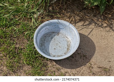 One Old Dirty Blue Plastic Empty Bowl Stands On The Gray Earth And Green Grass In The Street