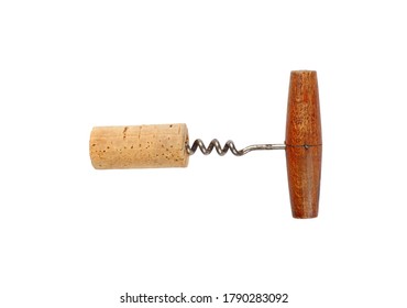 One Old Vintage Wooden Corkscrew Bottle Opener With Red Wine Cork Isolated On White Background, Elevated Top View, Directly Above