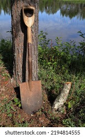 One Old Vintage Wooden Spade. Nature, Lake And Summer. Ready To Dig. Jämtland, Sweden, Europe.