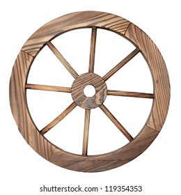 One Old Wooden Wagon Wheel On White