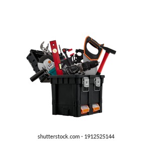 One Open Big Black Toolbox For Carried Construction Tools With Many Toolware, On White Background, Isolated