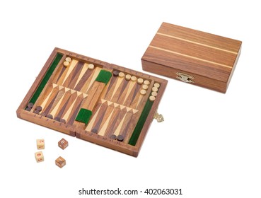 One Open And One Closed Miniature Traveling Wooden Sets To Play Backgammon On A Light Background
