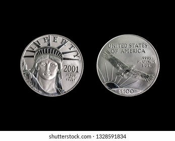 One Ounce Platinum Coin On A Black Background With Copy Space.