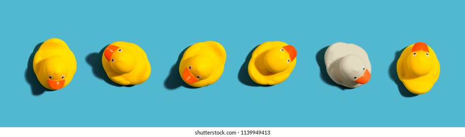 One Out Unique Rubber Duck Concept On A Blue Background