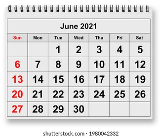 One Page Of The Annual Monthly Calendar - June 2021