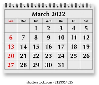 One page of the annual monthly calendar - March 2022