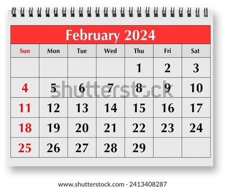 One page of the annual monthly calendar - month February 2024