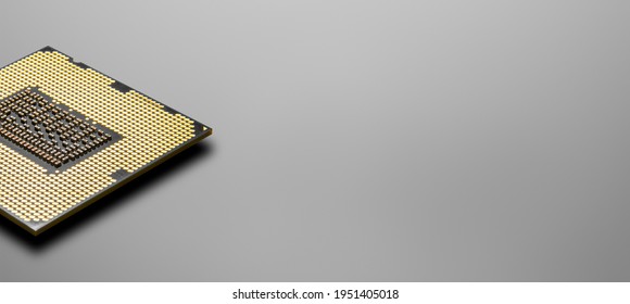 one PC cpu processor on grey background, closeup photo hi-tech concept