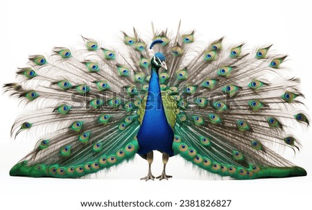 One peacock stands with beautiful feathers, isolated white background.