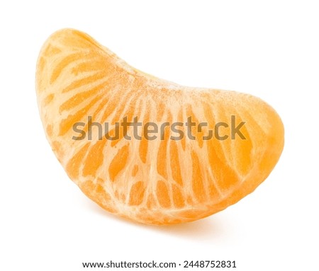 One peeled piece, segment or slice of mandarin, tangerine or clementine isolated on white background