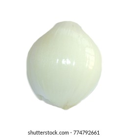 One Peeled White Pearl Shiny Juicy Bulb Onion Isolated On White Background