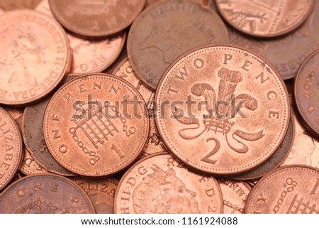 One pence and two pence UK copper coins