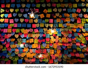 one of people's habit is to write their hopes in a small notes. and some places prepares the wall of fames to put these sticky notes from anyone. when they put in colours and light, it is beautiful